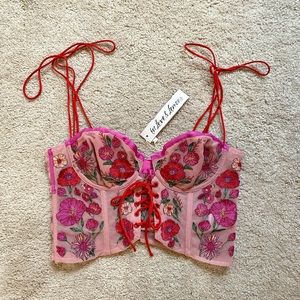 NWT For Love And Lemons Kaylee Crop Top Bustier Pink Red Rose Floral Corset Tie